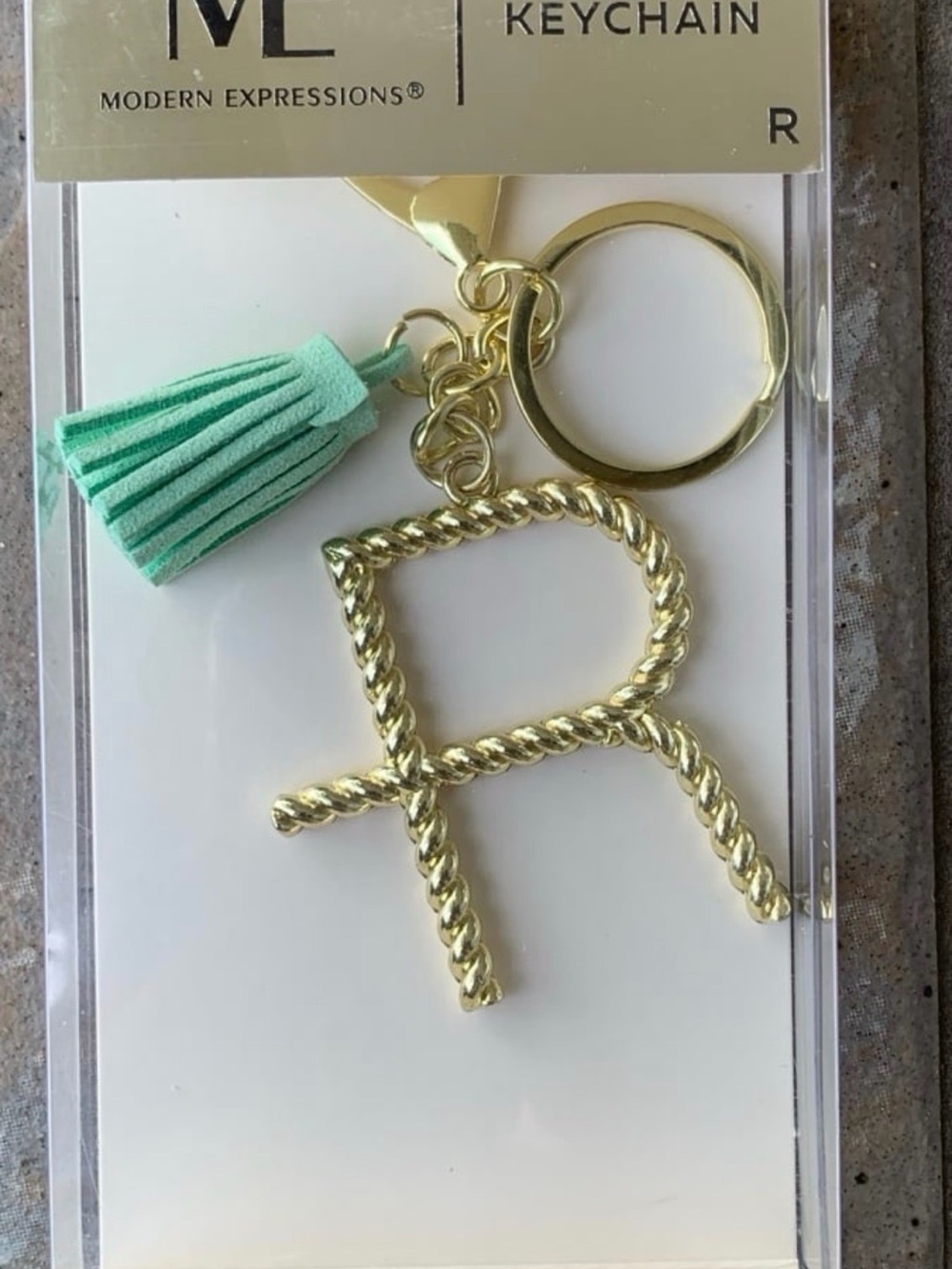 Modern Expressions Gold 'R' Keychain with Mint Tassel